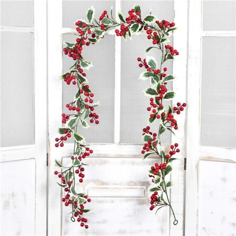 6Ft Red Berry Christmas Garland with Green Leaves, Flexible Artificial